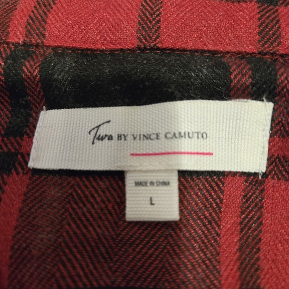 Two‎ Vince Camuto Shirt L Heather Red Gray Soft Plaid Flannel Long Bell Sl Tunic - Picture 7 of 9
